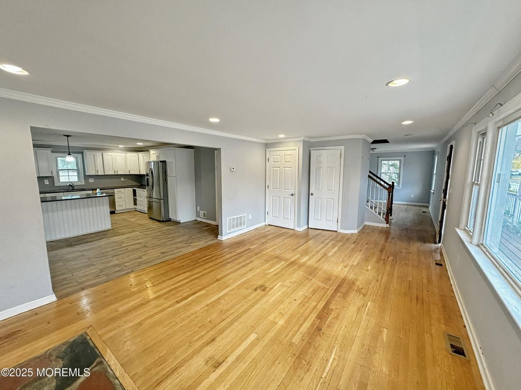 Empty room, Interior, Kitchen, Pendant Lights, Recessed Lighting, Wood Texture Flooring