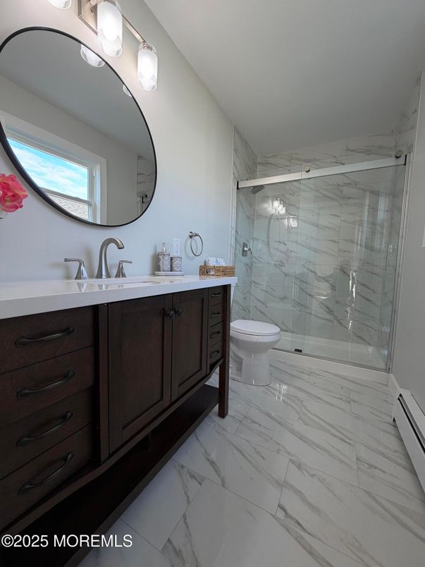 Bathroom, Dual Sink Vanities, Glass Shower, Interior, Marble, Marble Walls