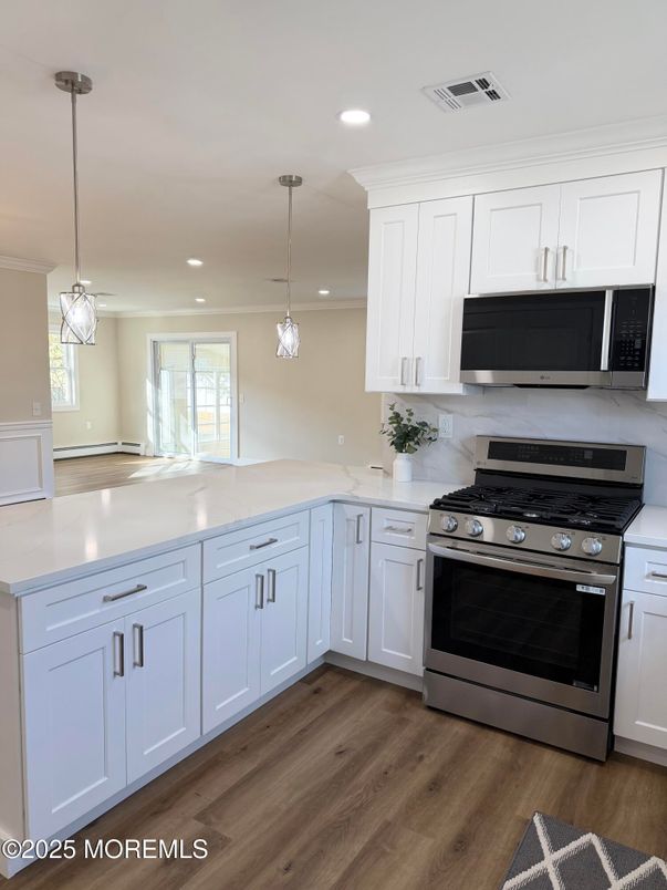 Interior, Kitchen, Pendant Lights, Recessed Lighting, Stainless Steel Appliances, Wood Texture Flooring