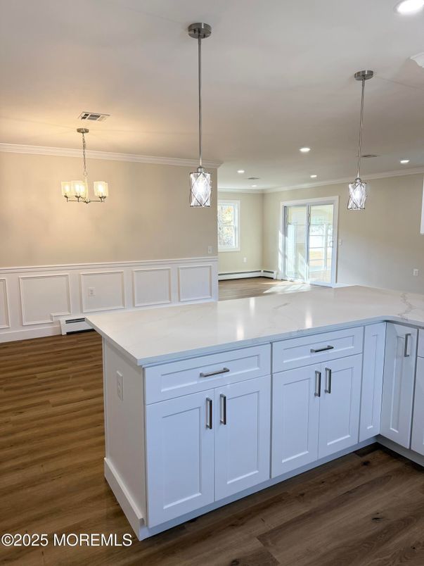 Interior, Kitchen, Pendant Lights, Recessed Lighting, Wood Texture Flooring