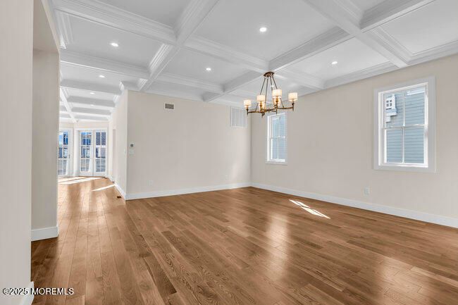 Chandelier, Empty room, Interior, Recessed Lighting, Wood Texture Flooring