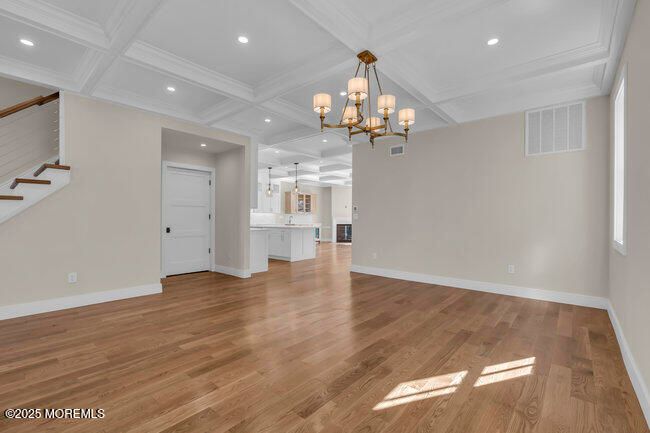 Chandelier, Empty room, Interior, Kitchen, Pendant Lights, Recessed Lighting, Wood Texture Flooring