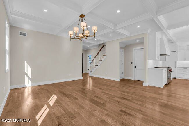Chandelier, Empty room, Interior, Kitchen, Recessed Lighting, Wood Texture Flooring