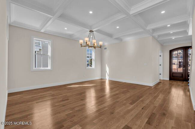 Chandelier, Empty room, Interior, Recessed Lighting, Wood Texture Flooring