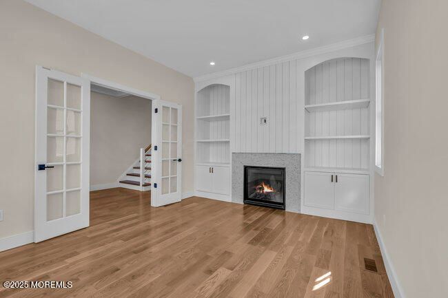 Empty room, Fireplace, Interior, Recessed Lighting, Wood Texture Flooring