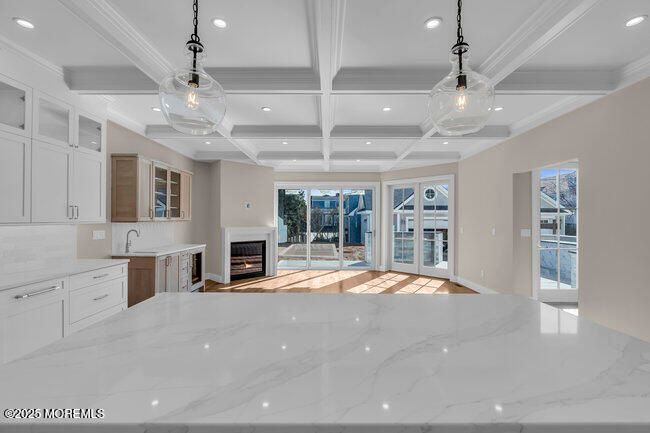 Fireplace, Interior, Kitchen, Pendant Lights, Recessed Lighting
