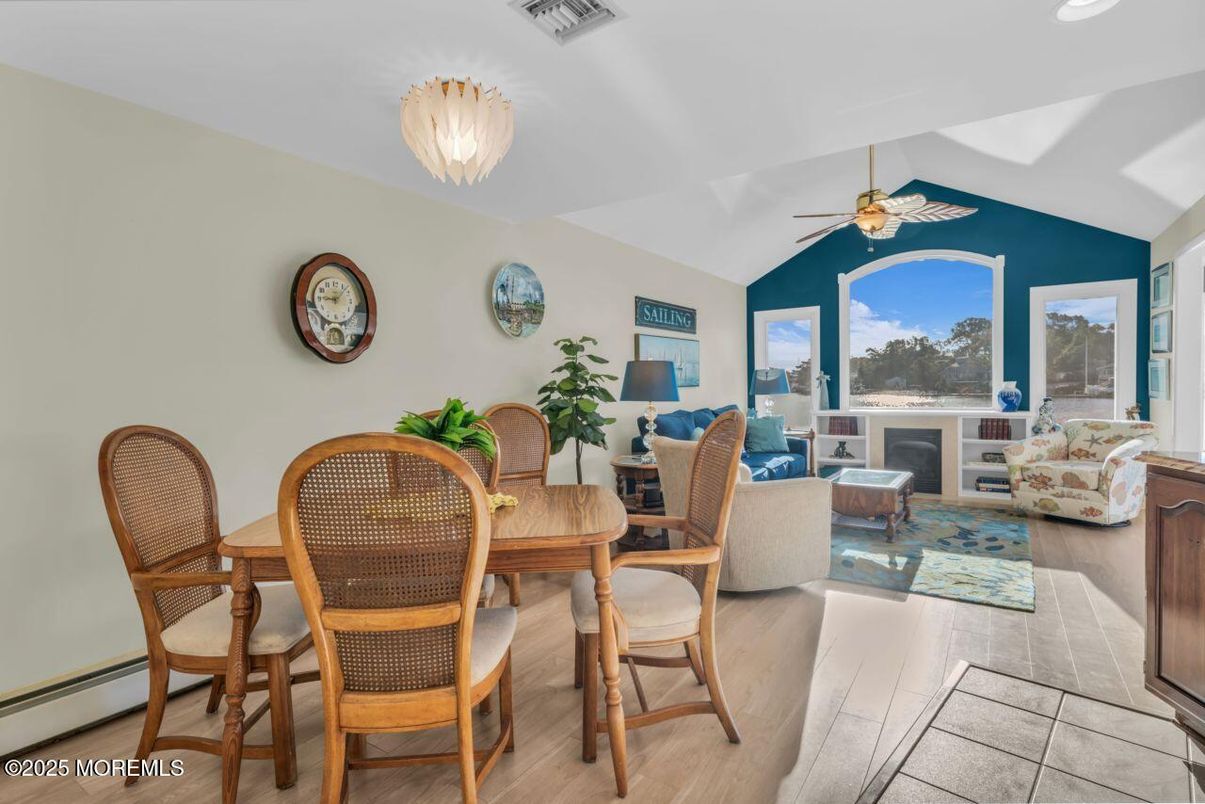 Dining room, Fireplace, Interior, Living room, Wood Texture Flooring
