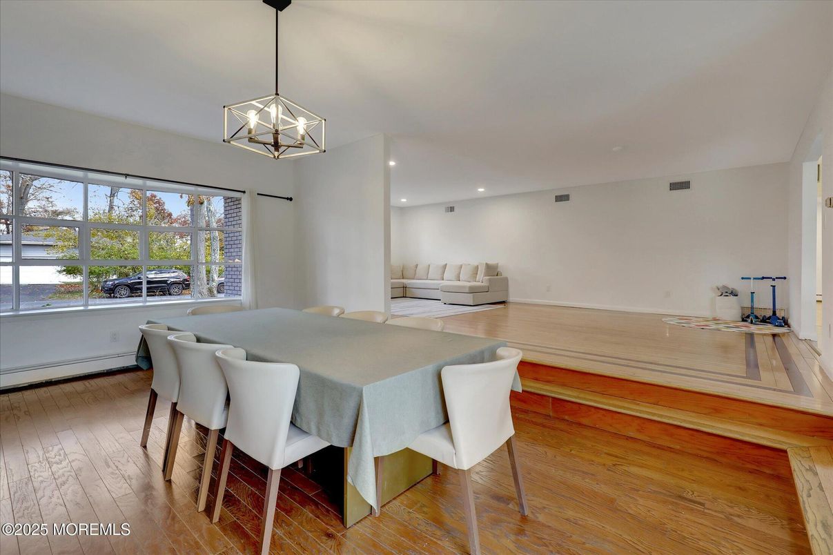 Dining room, Interior, Pendant Lights, Recessed Lighting, Wood Texture Flooring