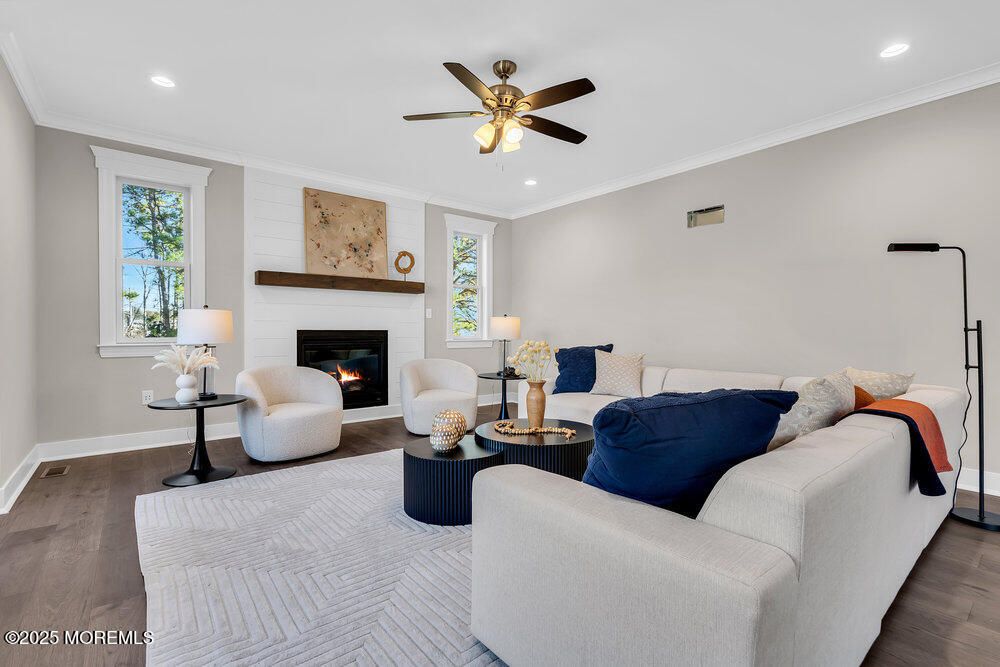 Fireplace, Interior, Living room, Recessed Lighting, Wood Texture Flooring