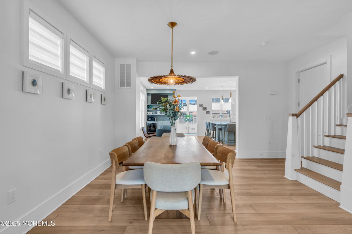 Dining room, Interior, Pendant Lights, Recessed Lighting, Wood Texture Flooring