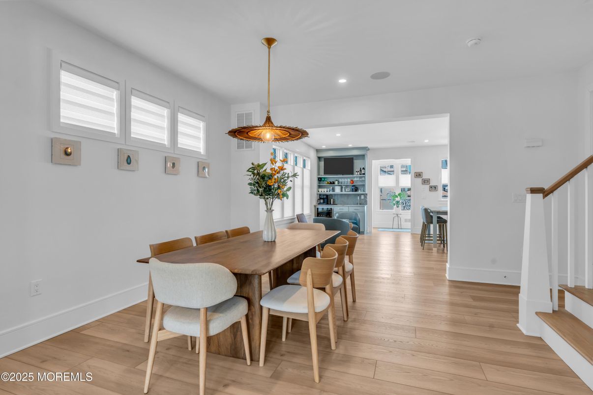 Dining room, Interior, Pendant Lights, Recessed Lighting, Wood Texture Flooring