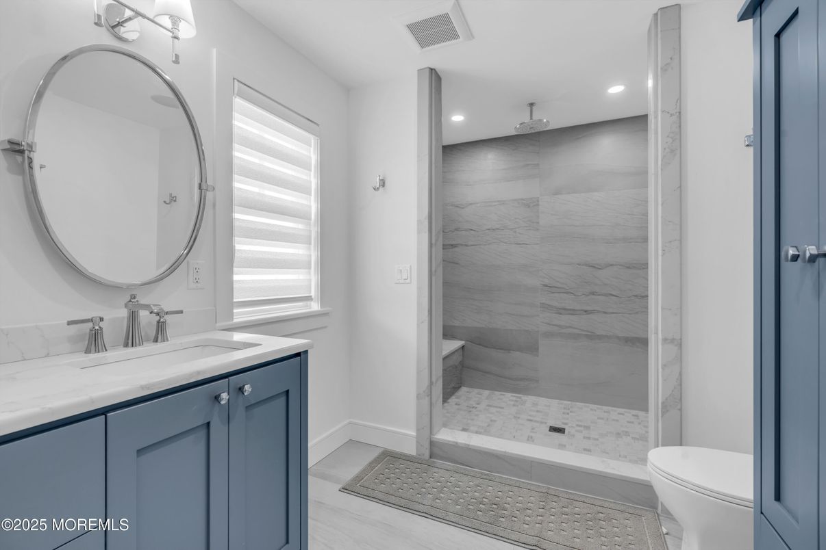 Bathroom, Glass Shower, Interior, Marble Walls, Recessed Lighting