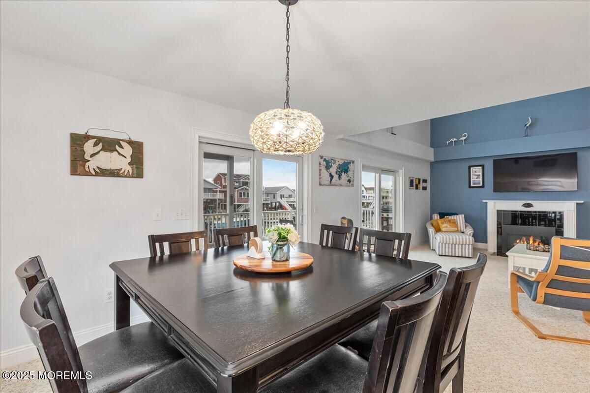 Dining room, Fireplace, Interior, Pendant Lights