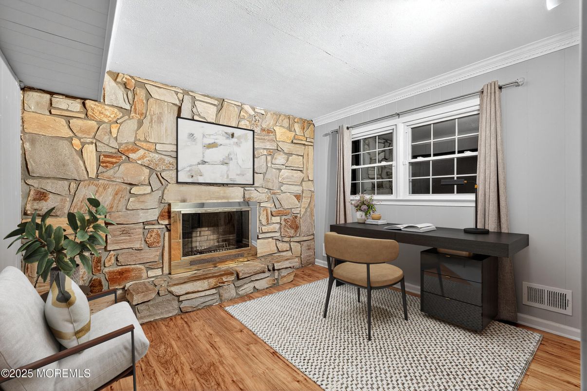 Fireplace, Home Office, Interior, Stone Walls, Wood Texture Flooring