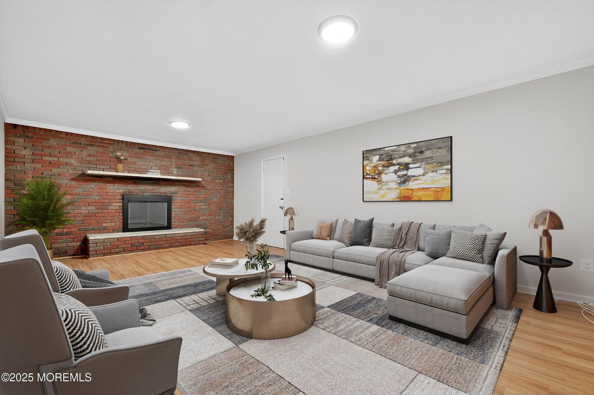 Fireplace, Interior, Living room, Recessed Lighting, Stone Walls, Wood Texture Flooring