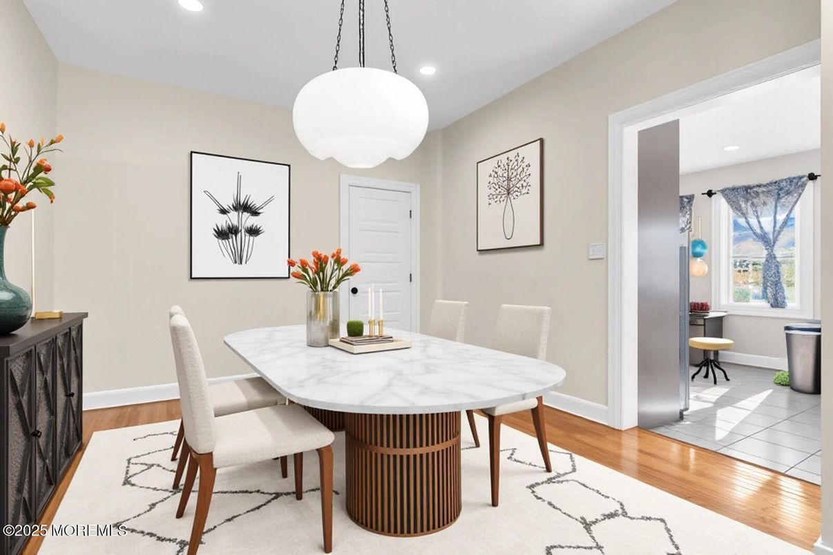 Dining room, Interior, Pendant Lights, Recessed Lighting, Wood Texture Flooring