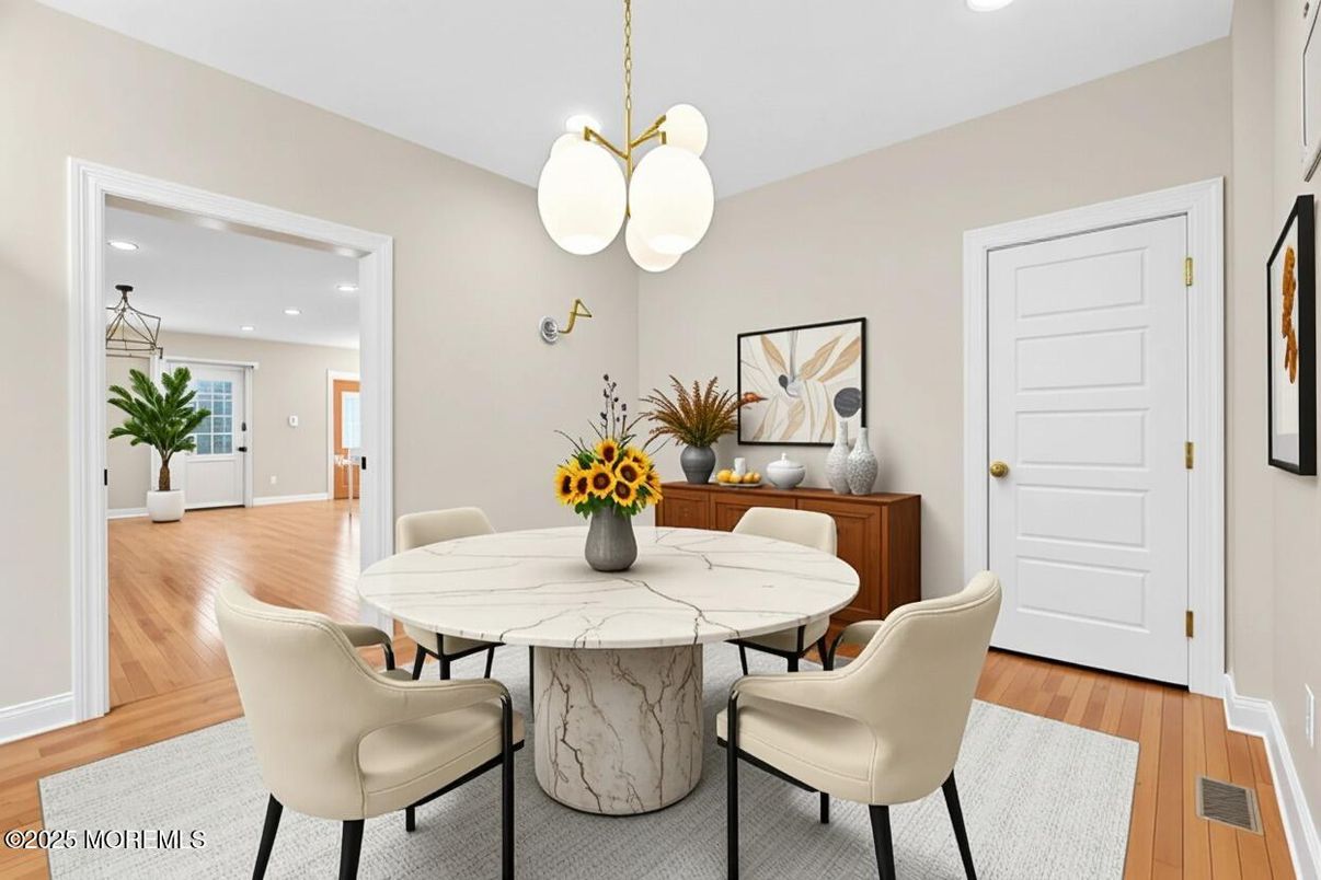 Dining room, Interior, Pendant Lights, Recessed Lighting, Wood Texture Flooring