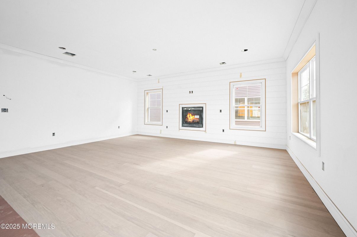 Empty room, Fireplace, Interior, Recessed Lighting, Wood Texture Flooring