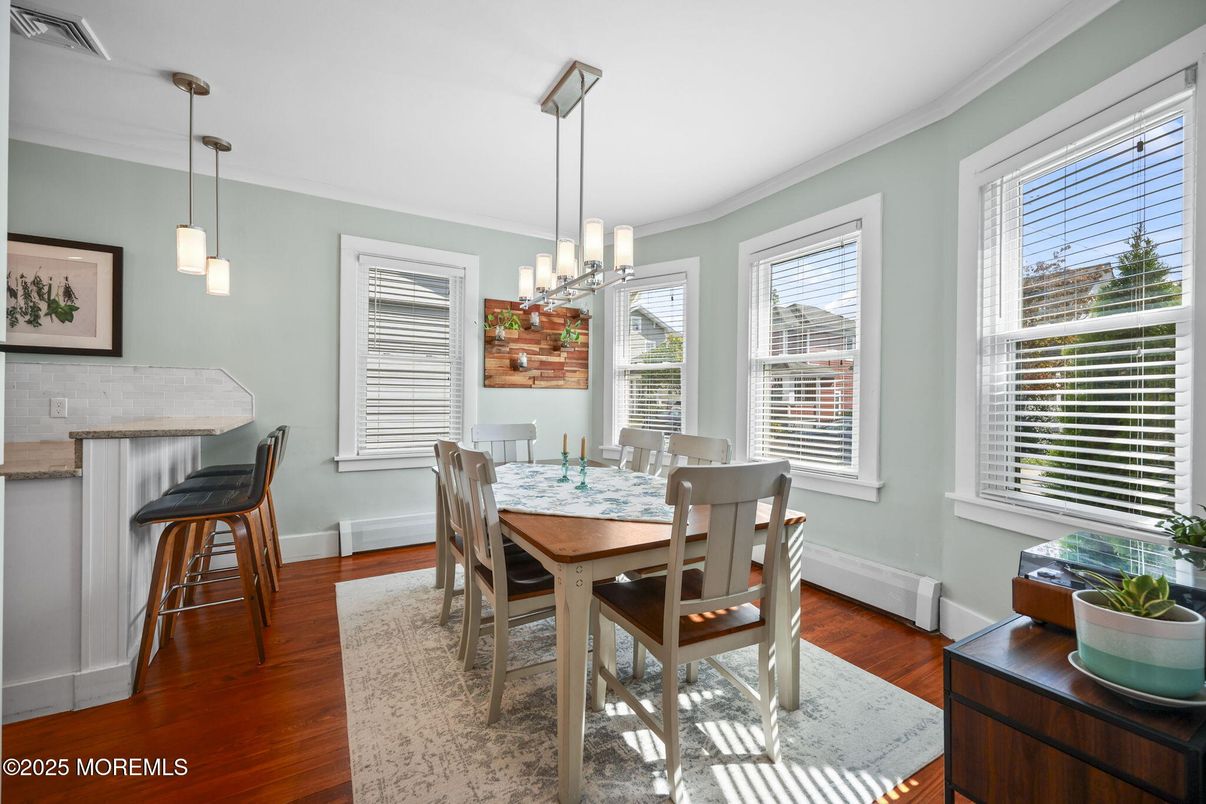 Dining room, Interior, Pendant Lights, Wood Texture Flooring