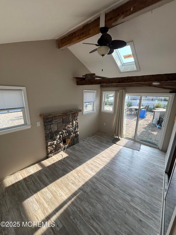 Empty room, Fireplace, Interior, Wooden Beams, Wood Texture Flooring