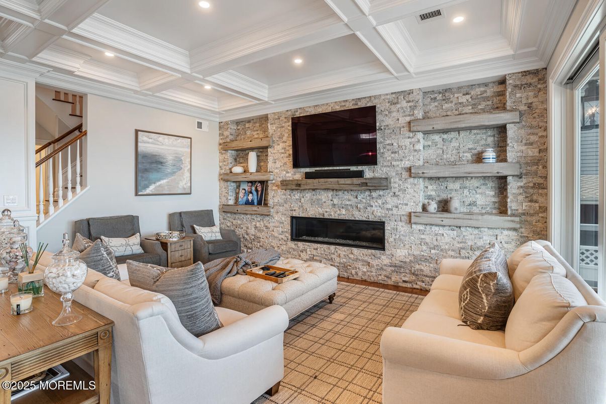 Fireplace, Interior, Living room, Recessed Lighting, Stone Walls