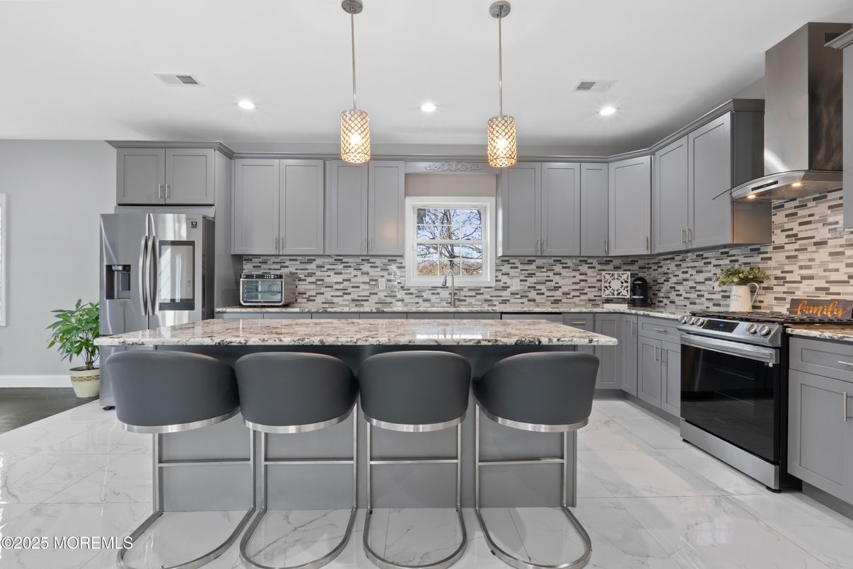 Interior, Kitchen, Marble, Pendant Lights, Recessed Lighting, Stainless Steel Appliances