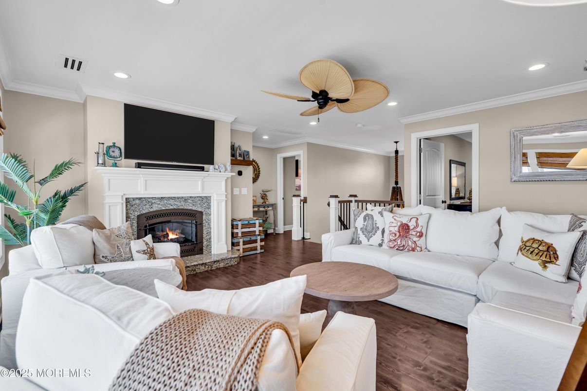 Fireplace, Interior, Living room, Recessed Lighting, Wood Texture Flooring