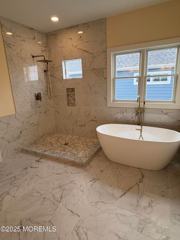 Bathroom, Free Standing Baths, Interior, Marble, Marble Walls, Recessed Lighting