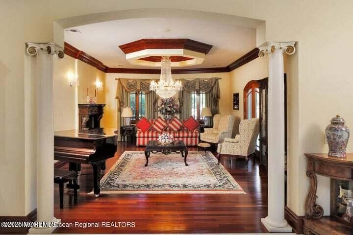 Chandelier, Interior, Living room, Piano, Wood Texture Flooring
