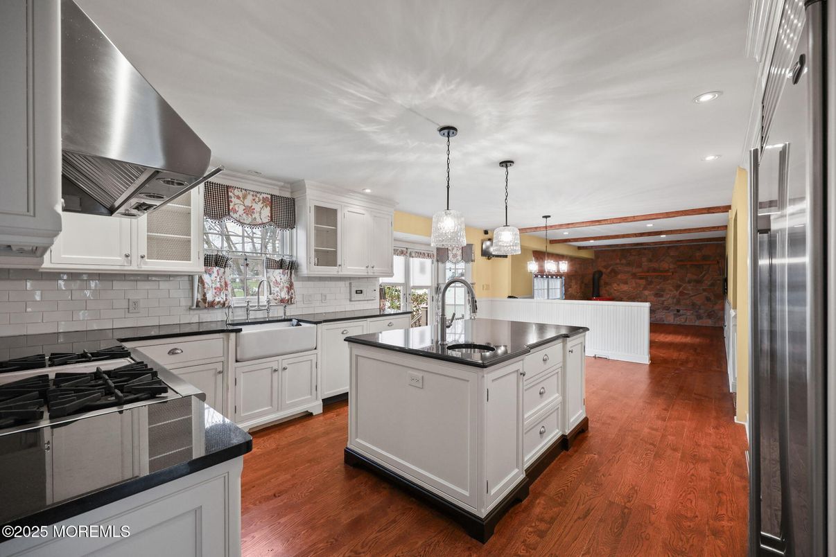 Interior, Kitchen, Pendant Lights, Recessed Lighting, Stainless Steel Appliances, Stone Walls, Wood Texture Flooring