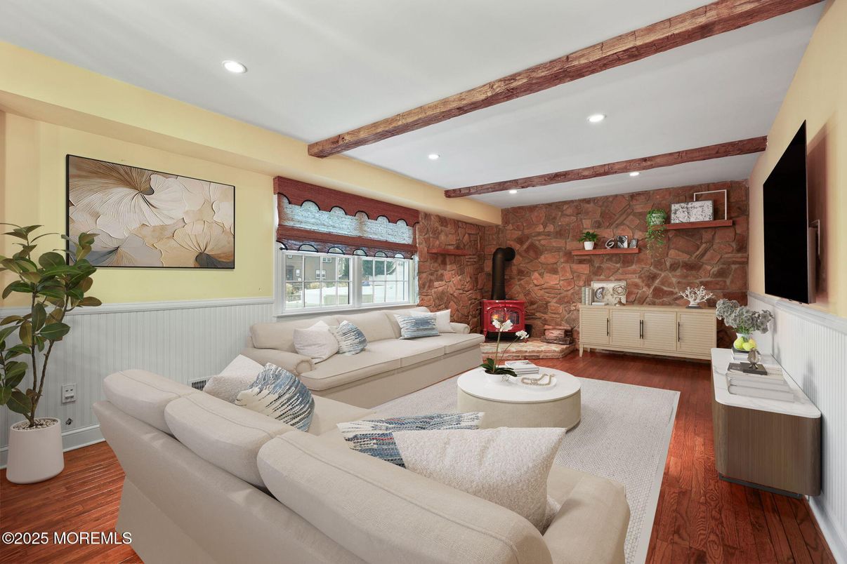 Interior, Living room, Recessed Lighting, Stone Walls, Wooden Beams, Wood Texture Flooring