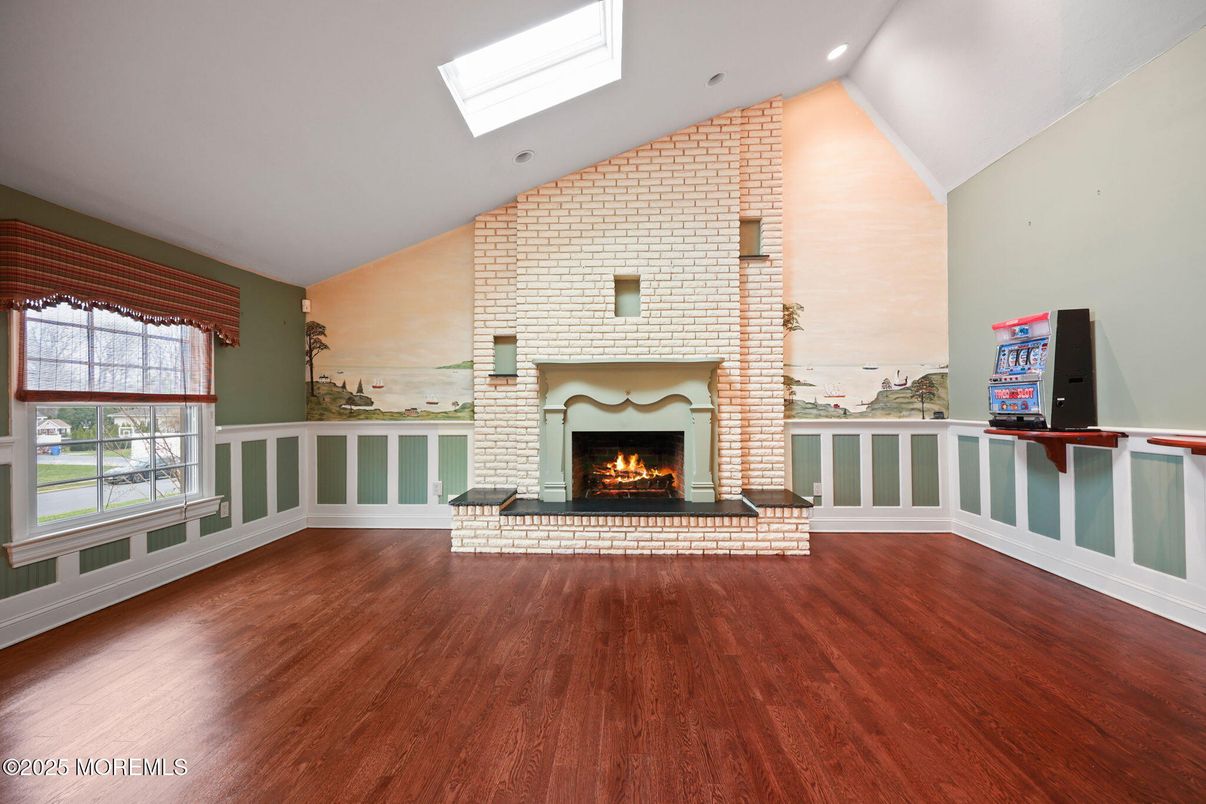Empty room, Fireplace, Interior, Recessed Lighting, Wood Texture Flooring