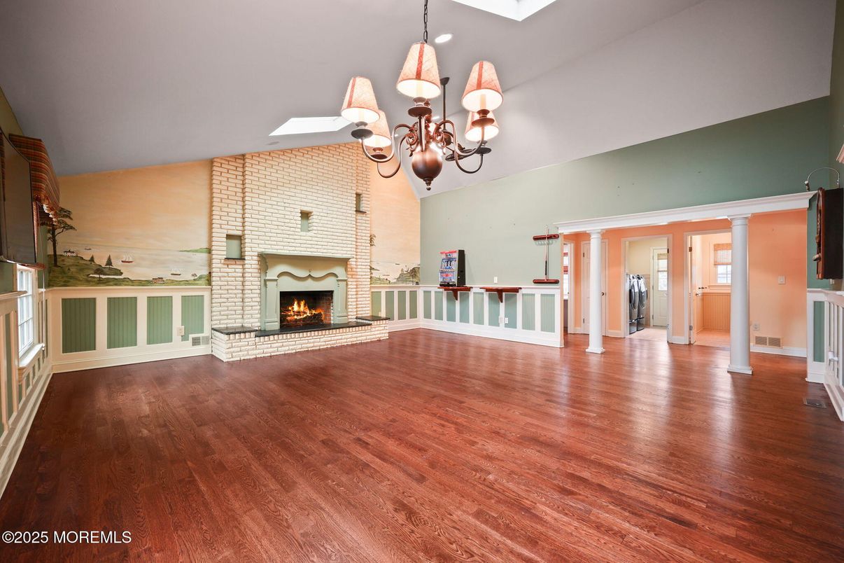 Chandelier, Empty room, Fireplace, Interior, Wood Texture Flooring