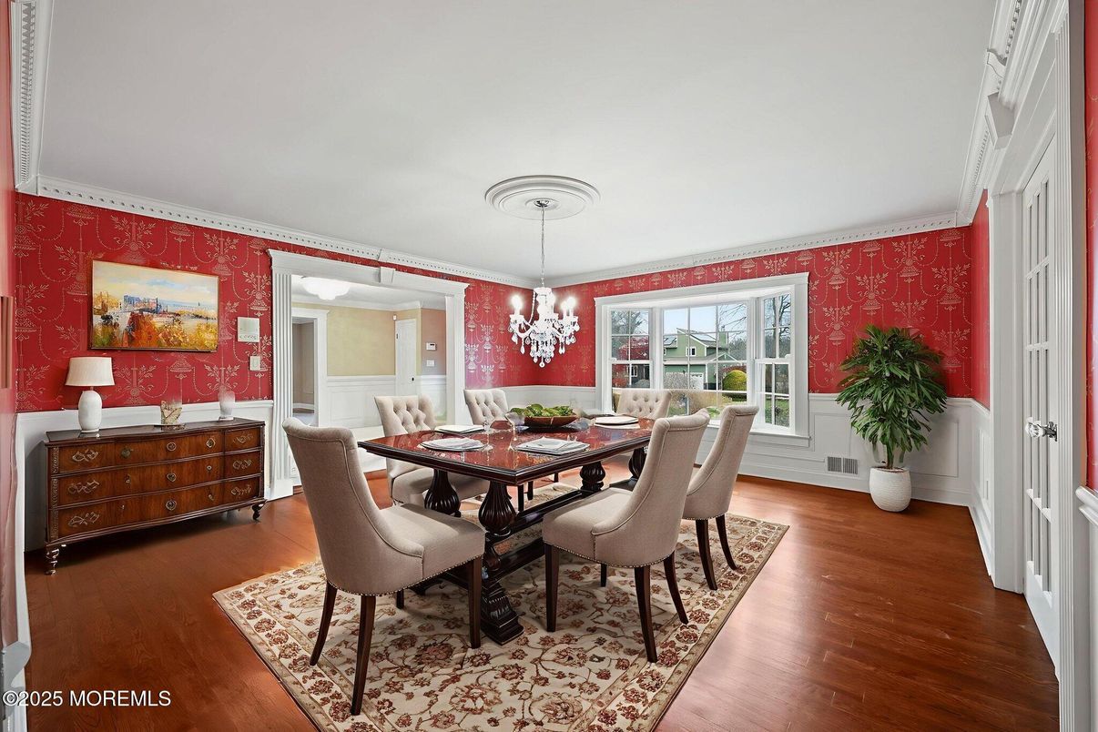 Chandelier, Dining room, Interior, Wood Texture Flooring