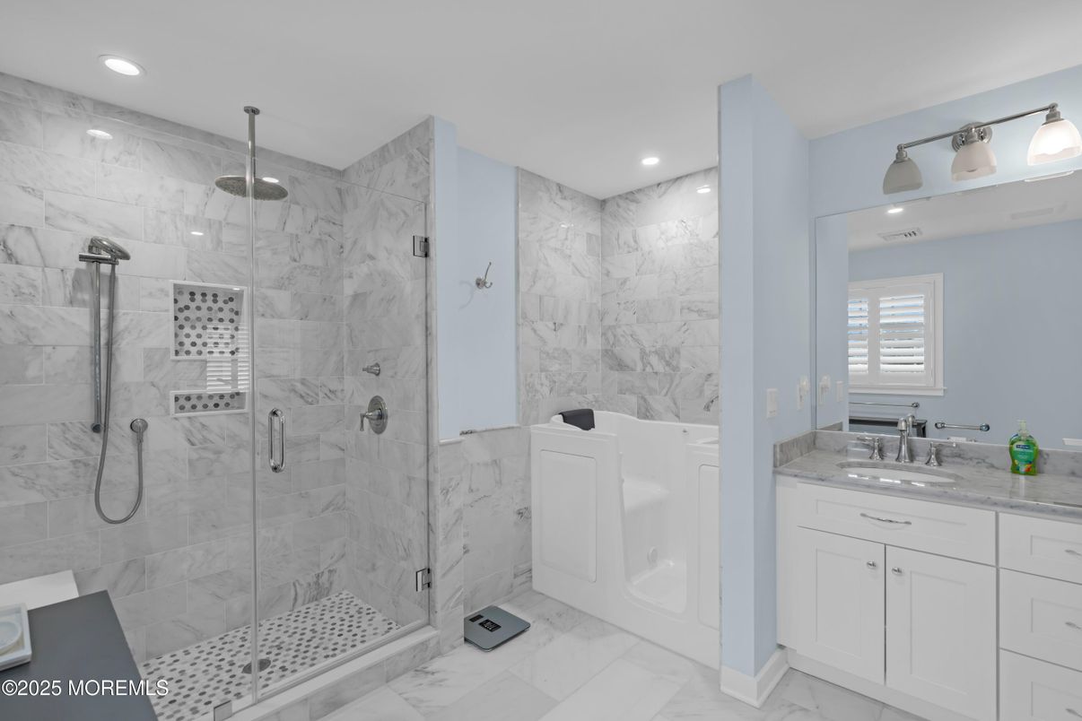 Bathroom, Glass Shower, Interior, Marble, Marble Walls, Recessed Lighting