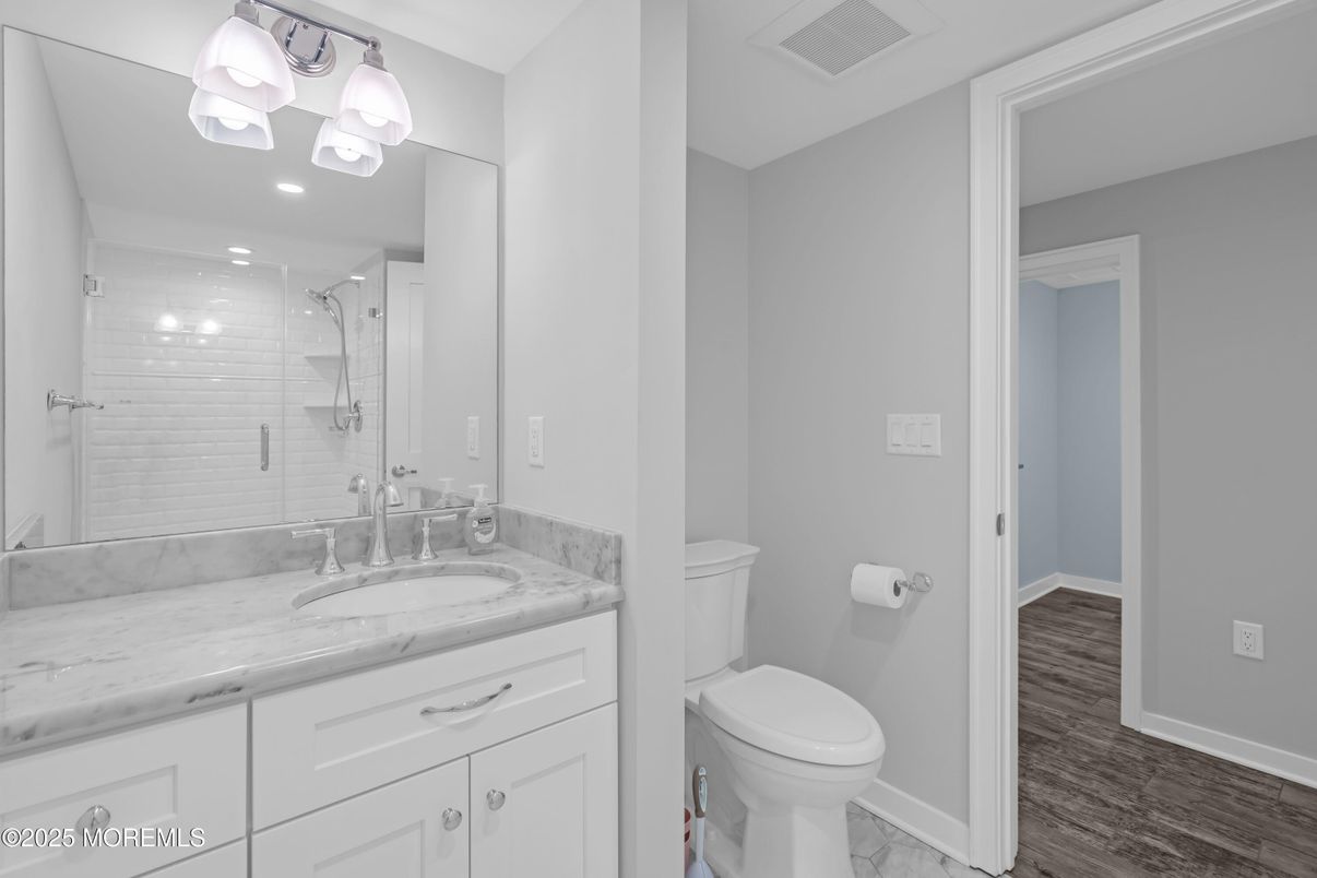 Bathroom, Glass Shower, Interior, Recessed Lighting, Wood Texture Flooring