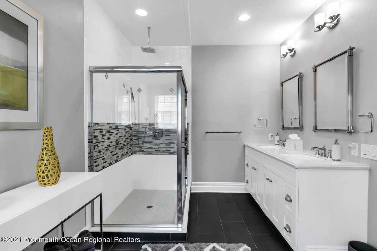 Bathroom, Dual Sink Vanities, Glass Shower, Interior, Recessed Lighting