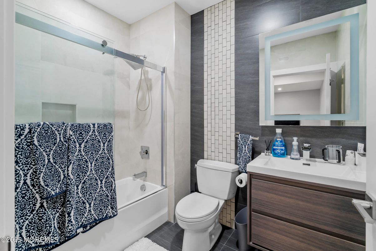 Bathroom, Glass Shower, Interior, Recessed Lighting, Wood Texture Flooring