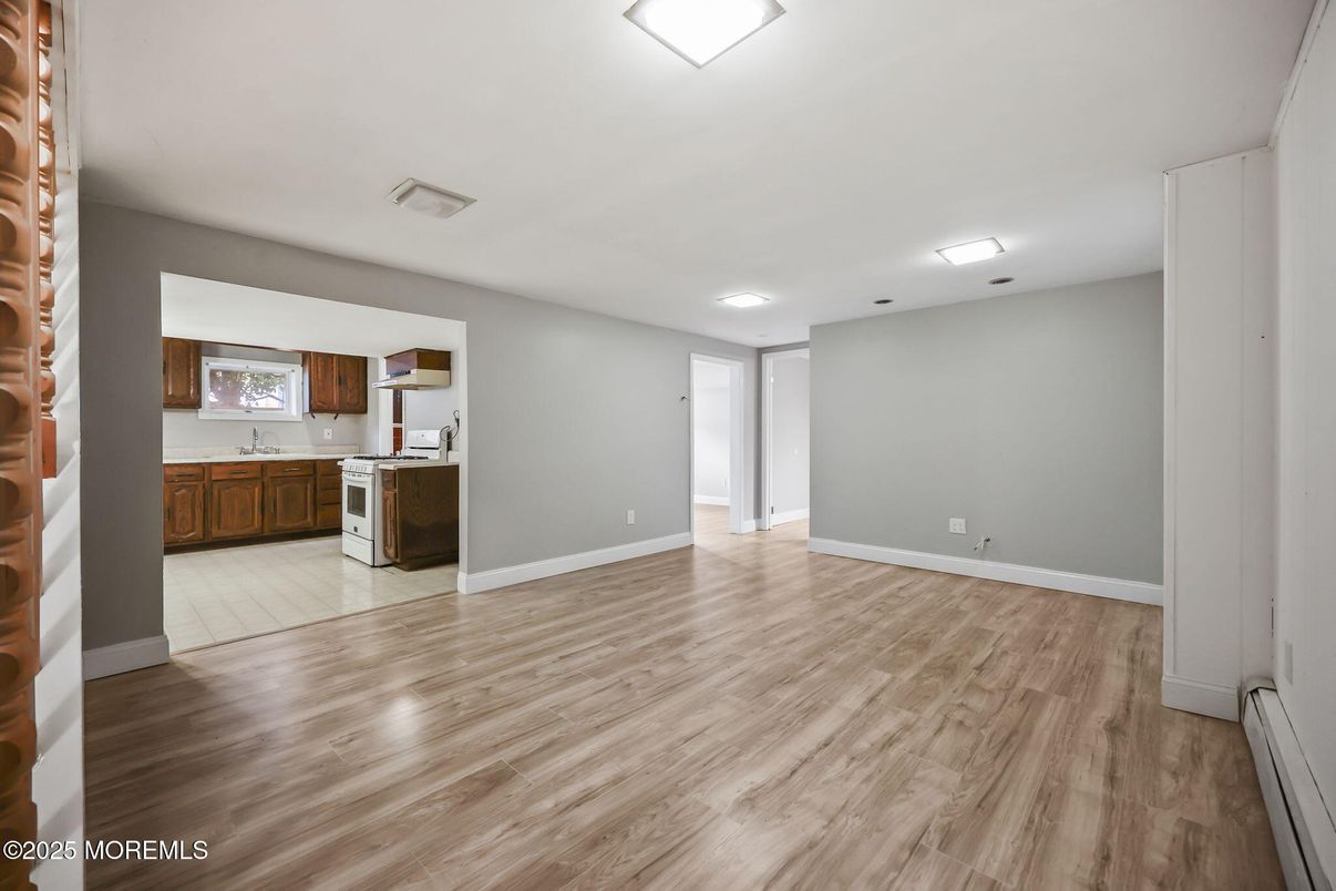 Empty room, Interior, Kitchen, Recessed Lighting, Wood Texture Flooring