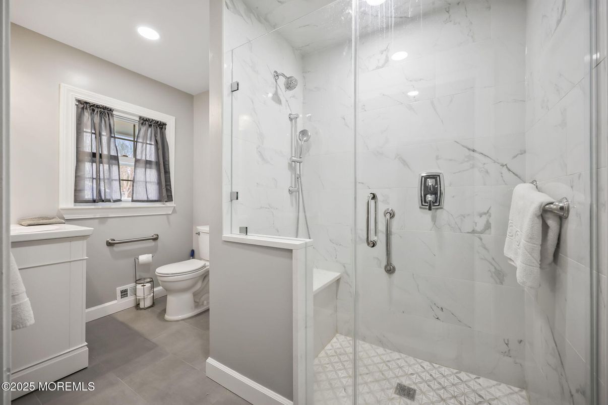 Bathroom, Glass Shower, Interior, Marble Walls, Recessed Lighting