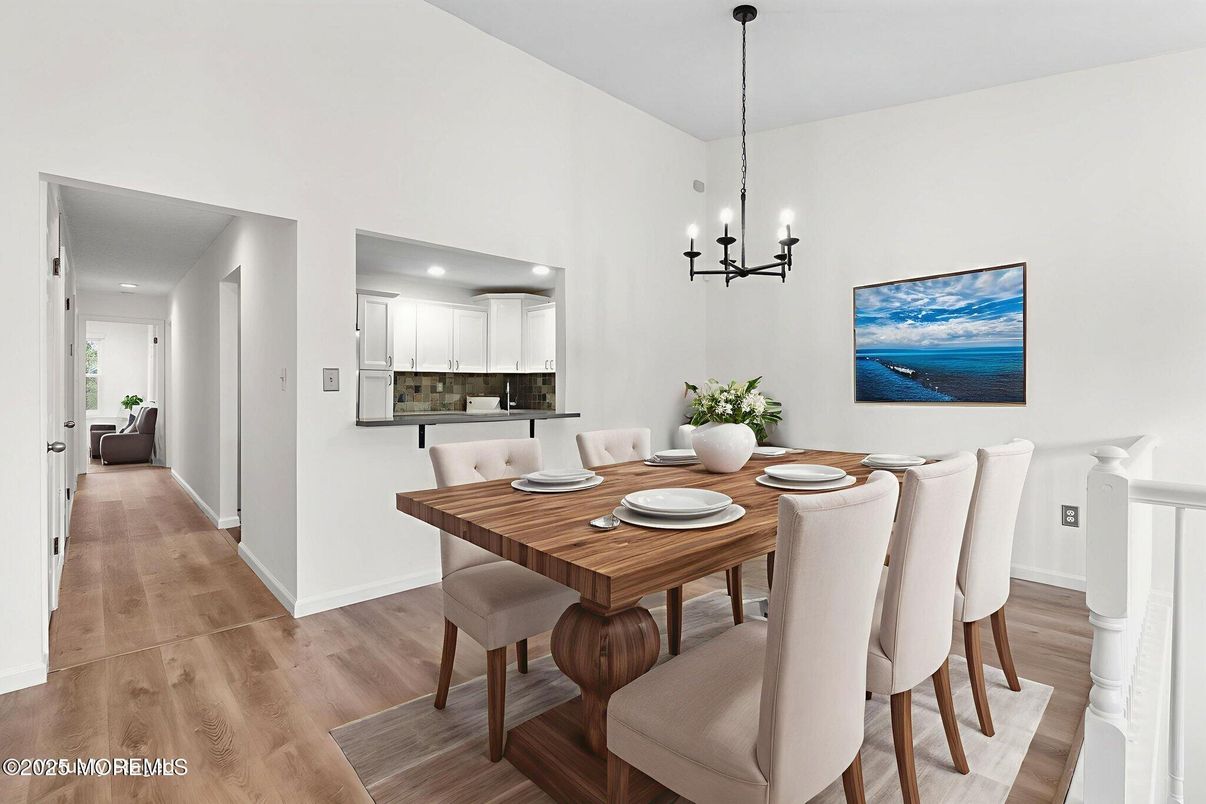 Chandelier, Dining room, Interior, Pendant Lights, Recessed Lighting, Wood Texture Flooring