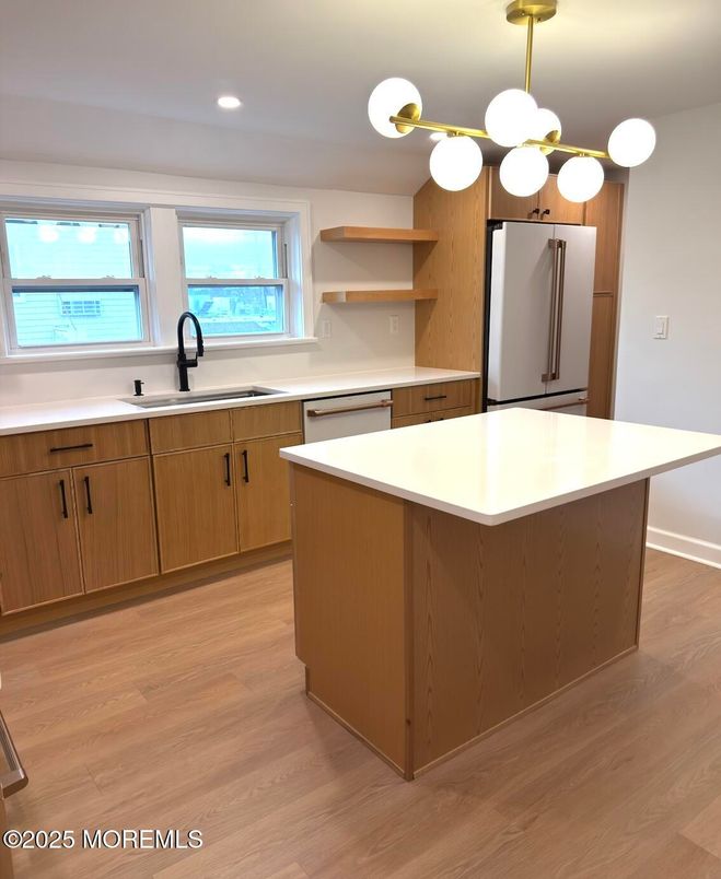 Interior, Kitchen, Pendant Lights, Recessed Lighting, Wood Texture Flooring