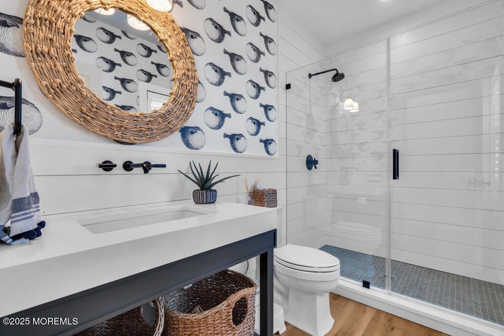 Bathroom, Glass Shower, Interior, Recessed Lighting, Wood Texture Flooring