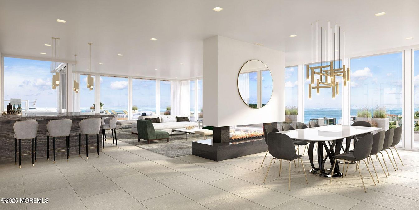 Dining room, Fireplace, Interior, Living room, Pendant Lights, Recessed Lighting, Water