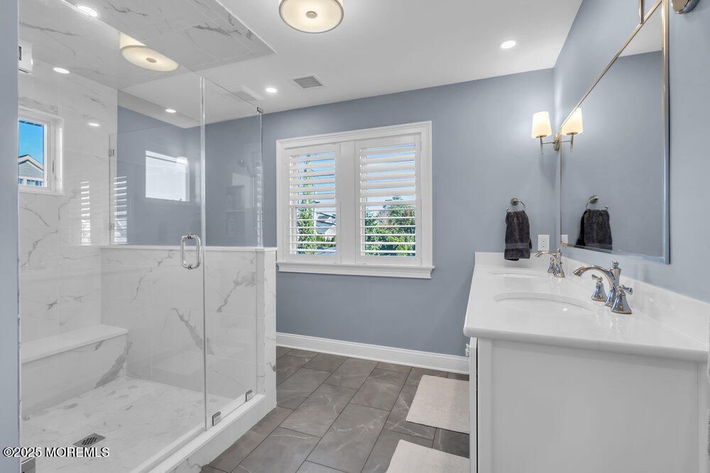 Bathroom, Glass Shower, Interior, Marble Walls, Recessed Lighting
