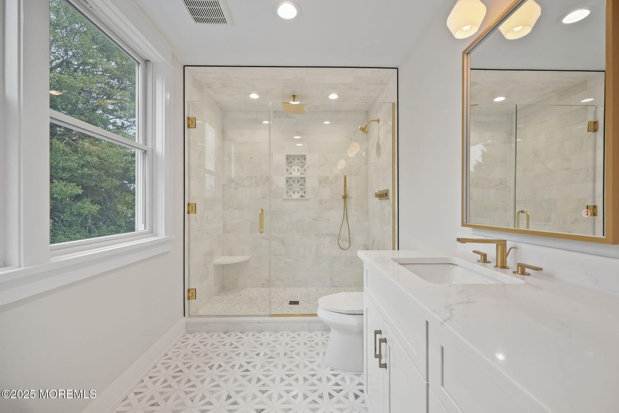 Bathroom, Glass Shower, Interior, Marble Walls, Recessed Lighting