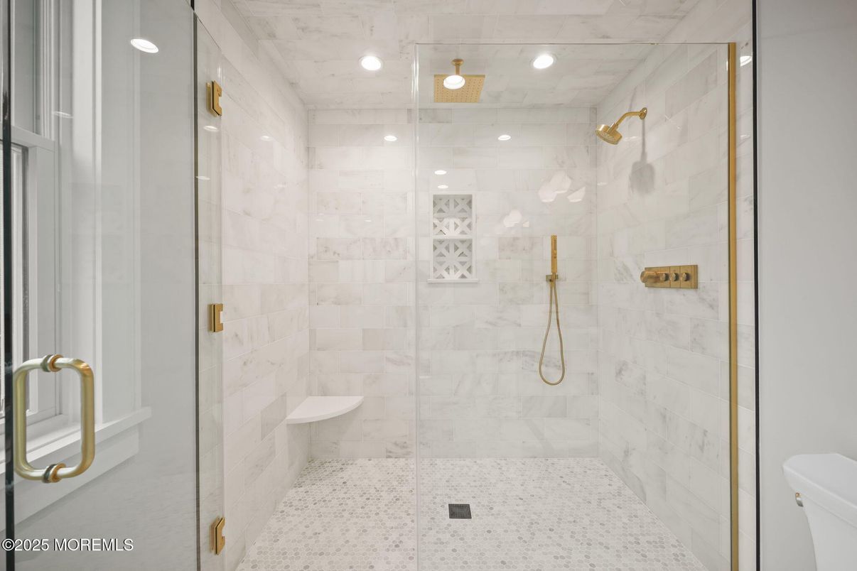 Bathroom, Glass Shower, Interior, Marble Walls, Recessed Lighting
