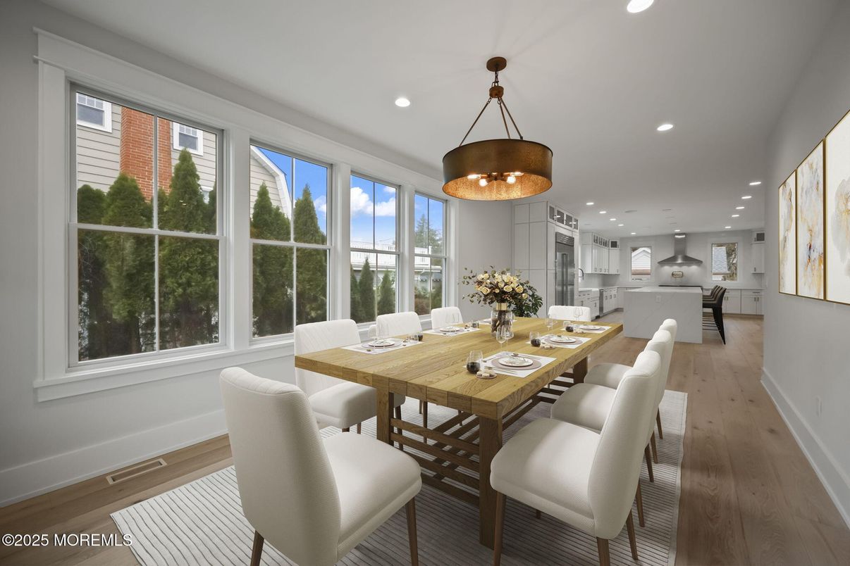 Dining room, Interior, Kitchen, Pendant Lights, Recessed Lighting, Stainless Steel Appliances, Wood Texture Flooring