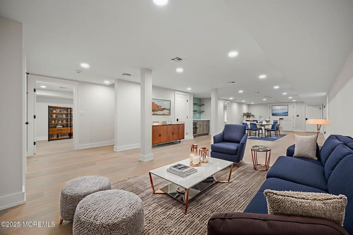 Dining room, Interior, Living room, Recessed Lighting, Wood Texture Flooring