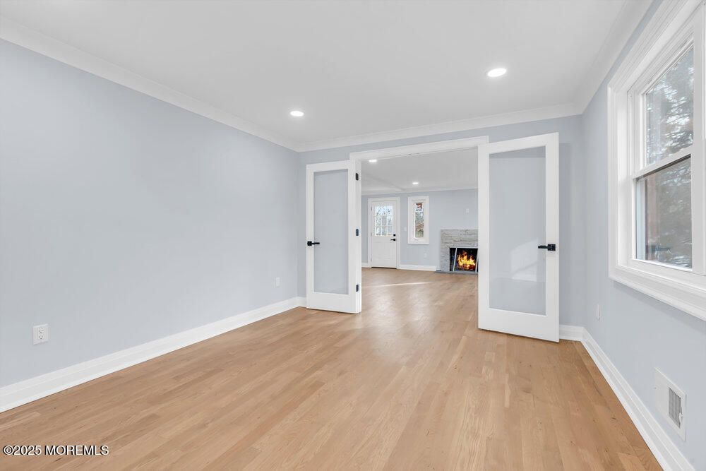 Empty room, Fireplace, Interior, Recessed Lighting, Wood Texture Flooring